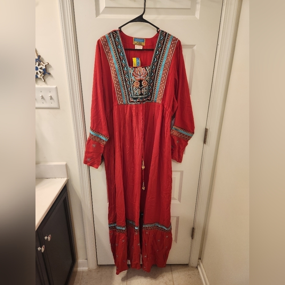 Vtg Indian Cotton Maxi Dress Long Sleeve Red Embroidered NWT XXL #S493